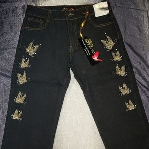 BOAYO Women's Low Rise Dark Wash Floral Style Jeans